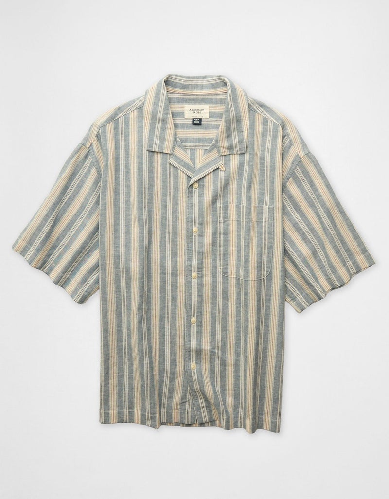 American Eagle AE Relaxed Fit Linen-Blend Camp Collar Shirt - Image 3