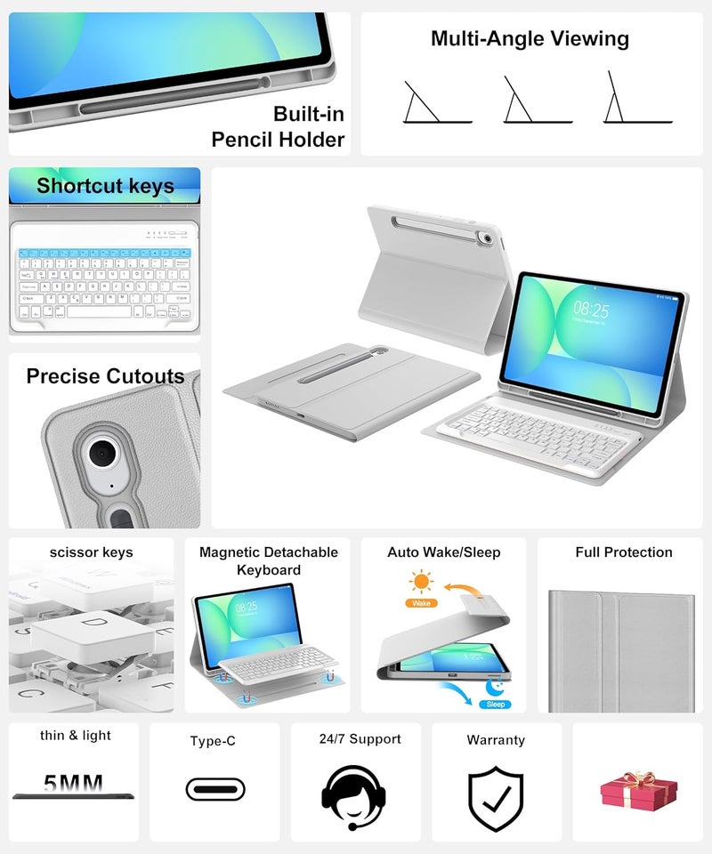 SENGBIRCH Keyboard Case for Samsung Galaxy Tab S10 FE+ Plus 13.1'' 2025 Detachable Wireless Keyboard for Galaxy Tablet S10FE+ Case with S Pen Holder, Protective Folio for Samsung Tab S10 FE Plus Keypad, Grey - Image 5