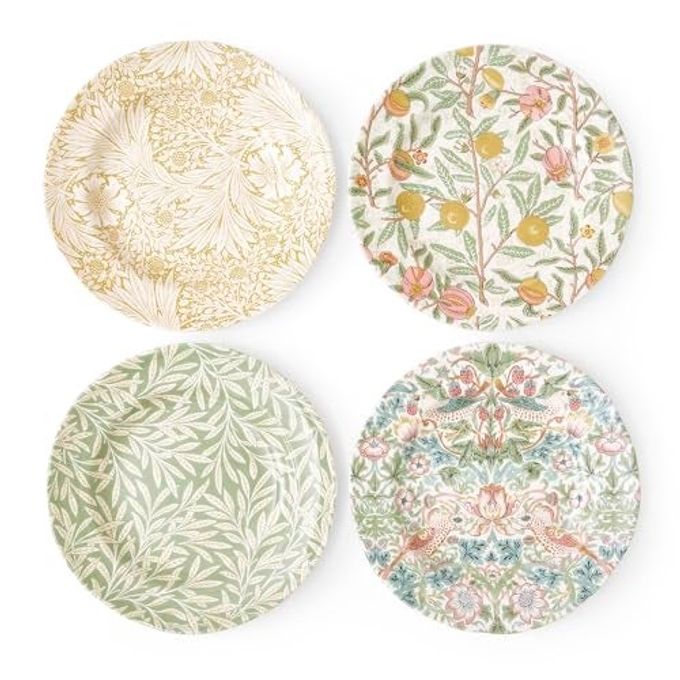 Spode Morris and Co Luncheon Plate | Set of 4 assorted Colors Plates for Dinner, Salad and Appetizers | 9-Inch Plates Made of Earthenware | Serving Plate | Dishwasher Safe | Made in England