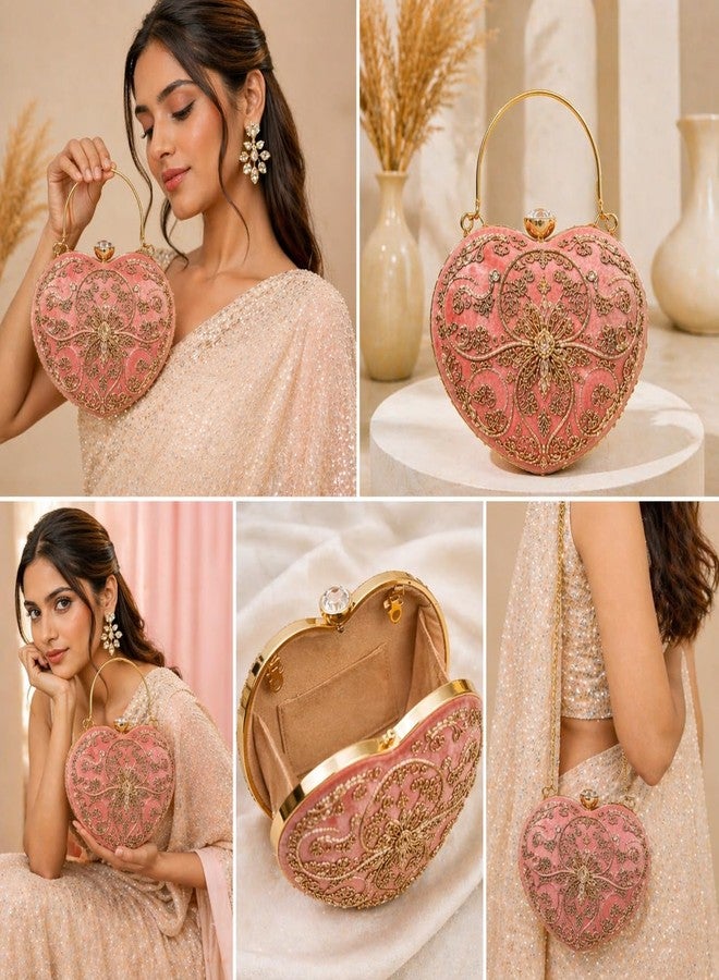 Biipretty حقيبة يد صغيرة من Biipretty على شكل قلب بلون الخوخ، مزينة بتطريز ذهبي وأحجار الراين، ومقبض معدني وحزام سلسلة. - Image 5
