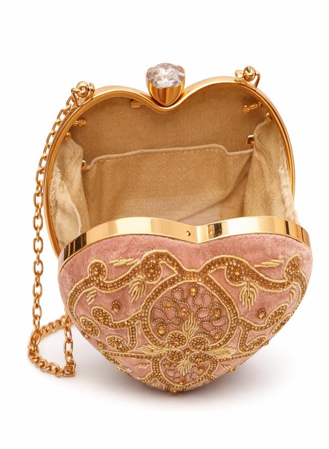 Biipretty حقيبة يد صغيرة من Biipretty على شكل قلب بلون الخوخ، مزينة بتطريز ذهبي وأحجار الراين، ومقبض معدني وحزام سلسلة. - Image 4