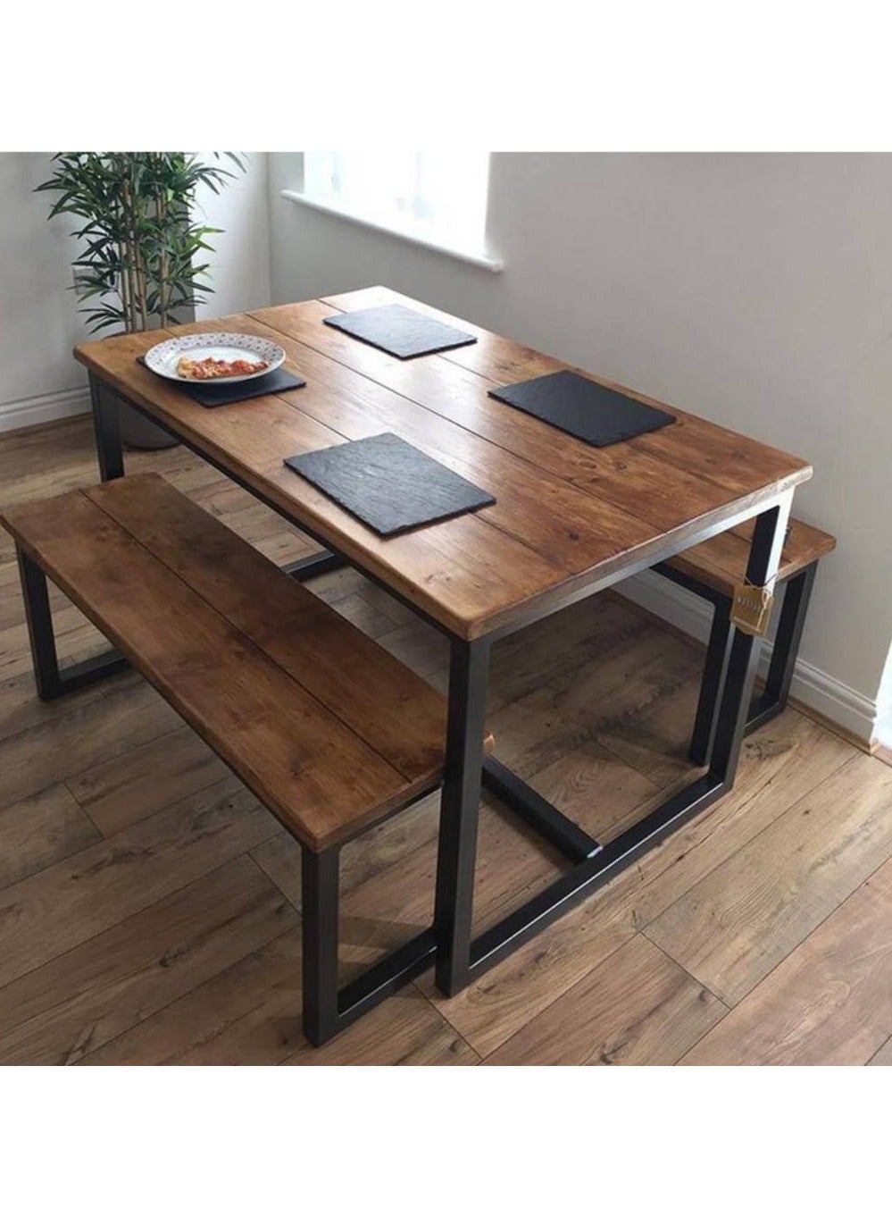 Iron and MDF wood bar table set - 3 pieces - black and brown