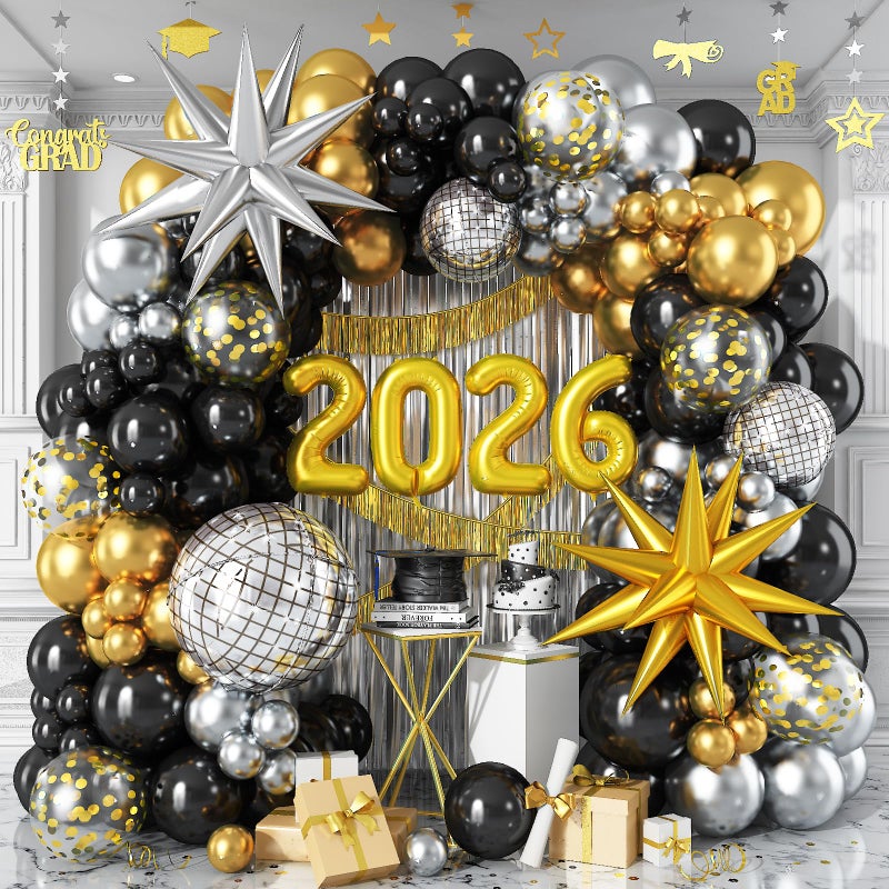 Froova 2026 Graduation Balloon Garland Arch Kit Black Gold Silver Balloon Arch 2026 Graduation Decorations Disco Star Balloons for Grad Celebrations New Year Birthday Party Decorations - Image 3