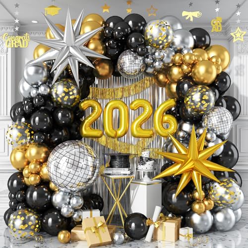 Froova 2026 Graduation Balloon Garland Arch Kit Black Gold Silver Balloon Arch 2026 Graduation Decorations Disco Star Balloons for Grad Celebrations New Year Birthday Party Decorations - Image 1