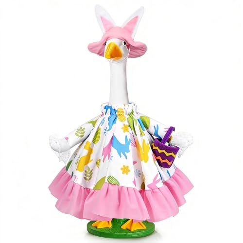 JcHrmers Easter Goose Outfit Bunny and Eggs Porch Goose Clothes Fits 23 Cement Plastic Goose Statue for Outdoor Garden Lawn Yard Patio Decor Pink - Image 1