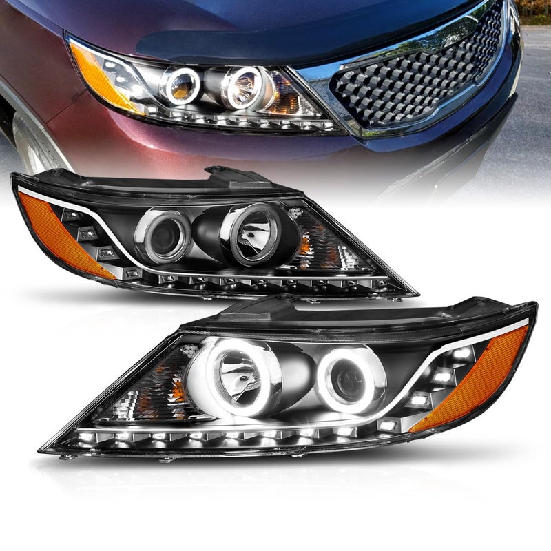 AmeriLite for 20112013 Kia Sorento Black Projector Headlights Xtreme Bright LED Halo Ring Set Passenger and Driver Side