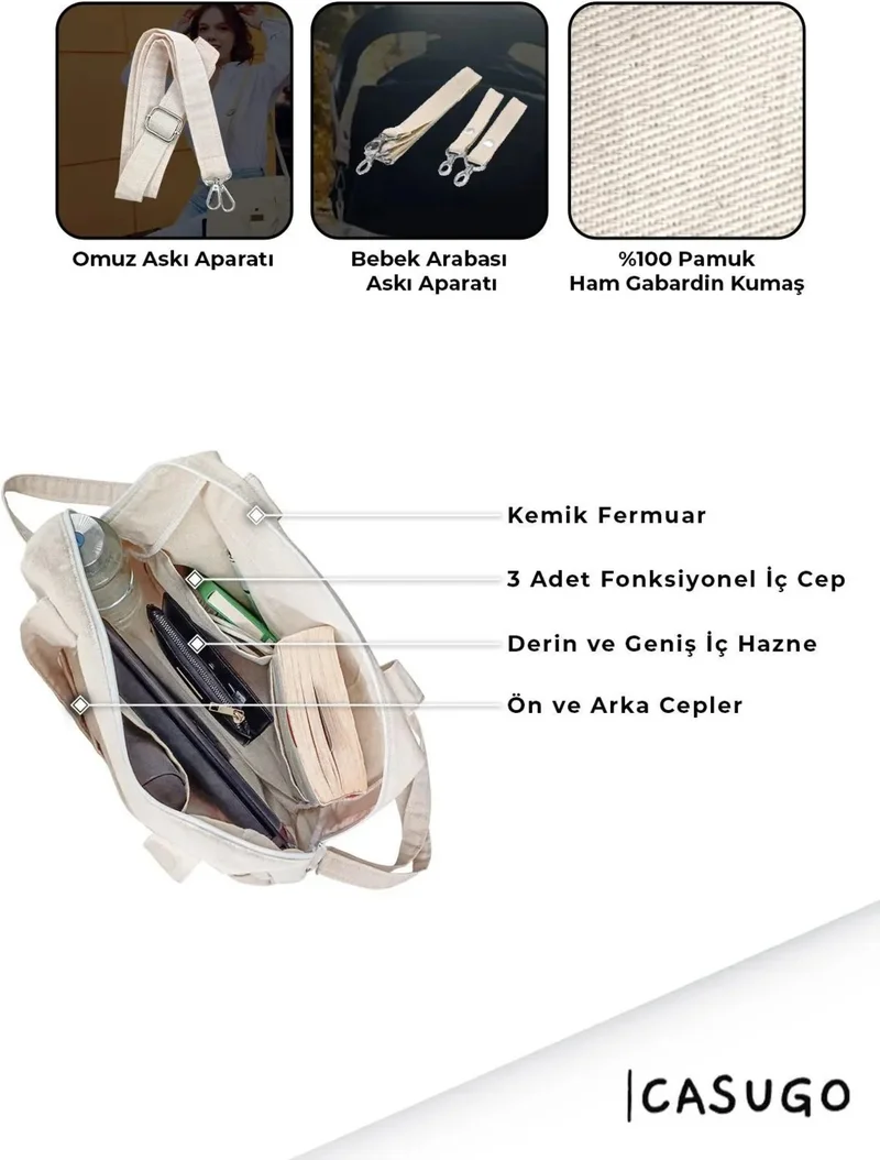 Casugo Multi-Purpose Hand and Shoulder Strap Functional Women's Bag Ecru