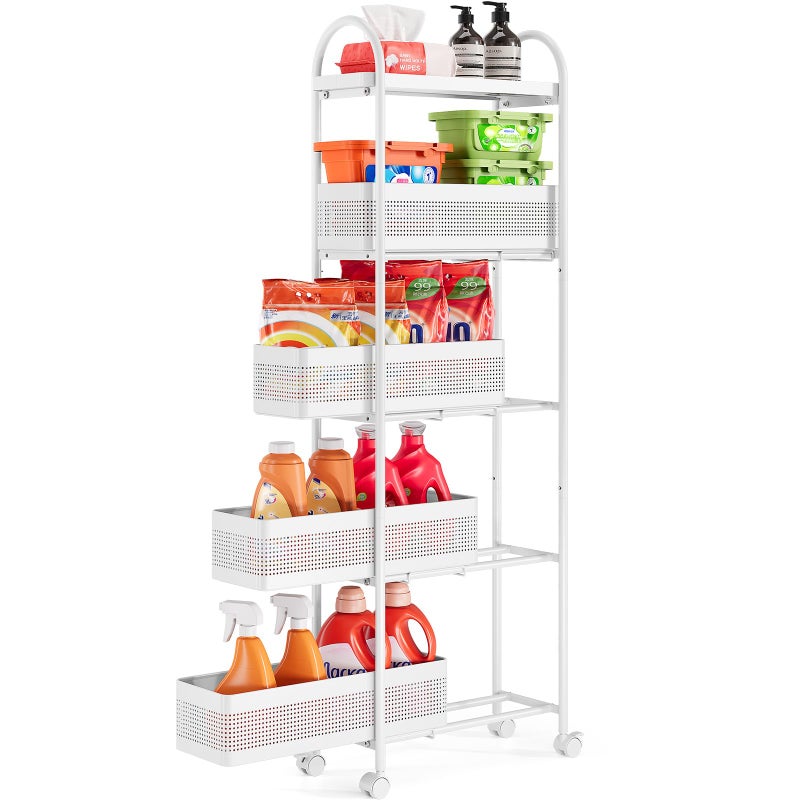 KINGRACK 5-Tier Slim Storage Cart with Pull Out Basket, Rolling Bathroom Organizer Utility, Metal Shelving Unit Slide Out, Lockable Wheels, Easy Assembly for Narrow Place, Kitchen, Laundry Room, White - Image 1