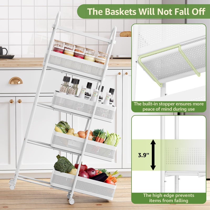 KINGRACK 5-Tier Slim Storage Cart with Pull Out Basket, Rolling Bathroom Organizer Utility, Metal Shelving Unit Slide Out, Lockable Wheels, Easy Assembly for Narrow Place, Kitchen, Laundry Room, White - Image 4