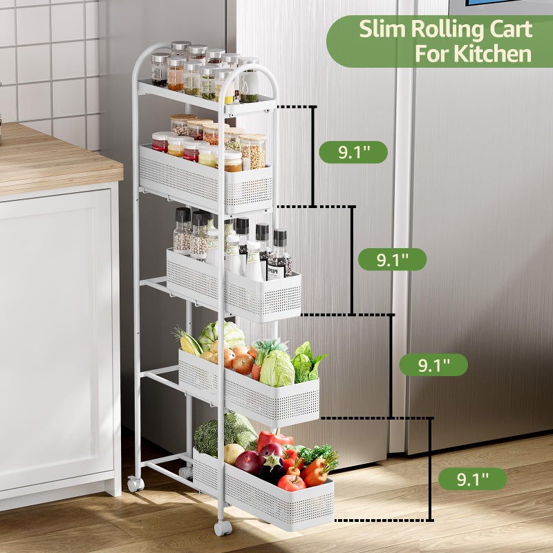 KINGRACK 5-Tier Slim Storage Cart with Pull Out Basket, Rolling Bathroom Organizer Utility, Metal Shelving Unit Slide Out, Lockable Wheels, Easy Assembly for Narrow Place, Kitchen, Laundry Room, White - Image 3