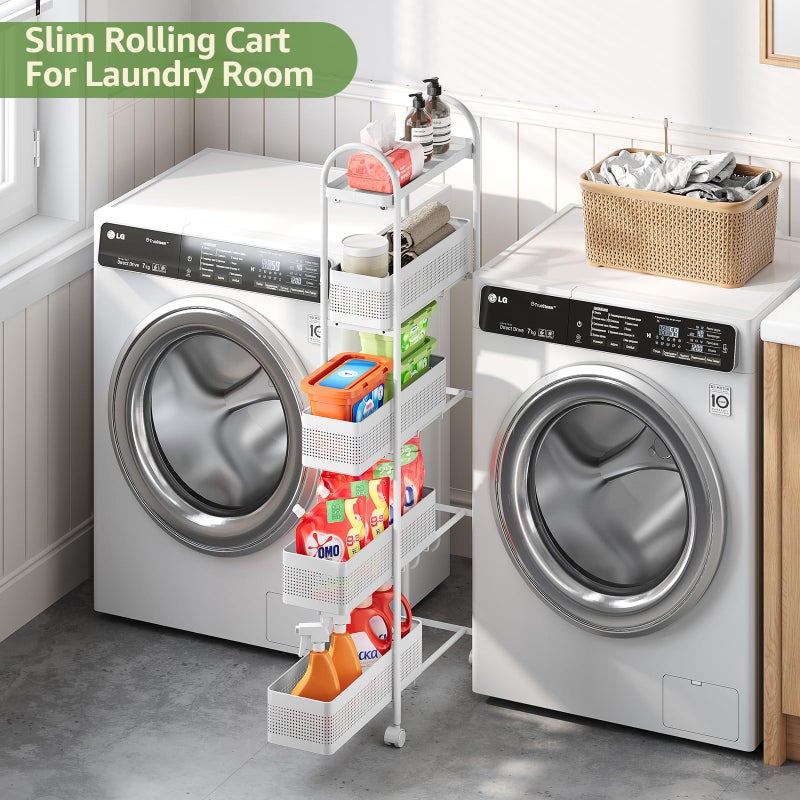 KINGRACK 5-Tier Slim Storage Cart with Pull Out Basket, Rolling Bathroom Organizer Utility, Metal Shelving Unit Slide Out, Lockable Wheels, Easy Assembly for Narrow Place, Kitchen, Laundry Room, White - Image 2