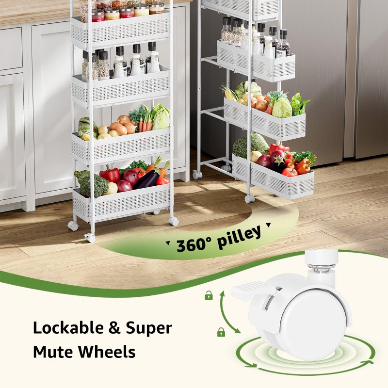 KINGRACK 5-Tier Slim Storage Cart with Pull Out Basket, Rolling Bathroom Organizer Utility, Metal Shelving Unit Slide Out, Lockable Wheels, Easy Assembly for Narrow Place, Kitchen, Laundry Room, White - Image 5