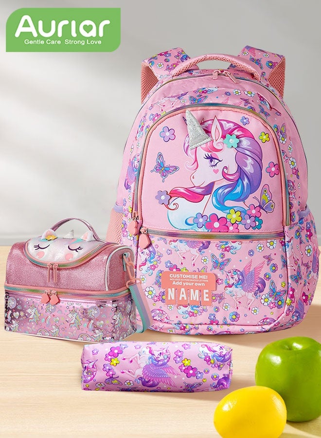 الأورلار طقم حقيبة مدرسية للبنات 3 قطع – حقيبة ظهر خفيفة ومقاومة للماء مع حقيبة غداء وحافظة أقلام – تتسع لجهاز كمبيوتر 15.6 بوصة – تصميم لطيف وعملي للمدرسة والهدايا – للفتيات من عمر 4 إلى 12 سنة - Image 1