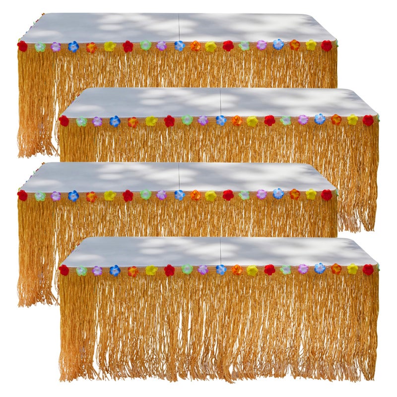 Playbees 4 Pack Luau Grass Table Skirt 9 Feet x 29 Inches Hawaiian Table Skirt for Tropical Hawaiian Party Decorations Luau Party Costume Party Authentic Island Party Decor with Hibiscus Flowers