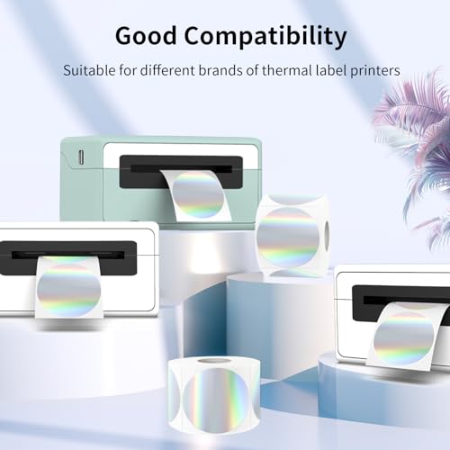YEGAWEN 2" Holographic Thermal Label Stickers, Round Direct Thermal Label Stickers, Thermal Printer Sticker Labels for Gift Wrapping, Self-Adhesive Custom Logo Design- Silver - Image 3