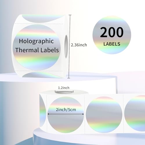 YEGAWEN 2" Holographic Thermal Label Stickers, Round Direct Thermal Label Stickers, Thermal Printer Sticker Labels for Gift Wrapping, Self-Adhesive Custom Logo Design- Silver - Image 2