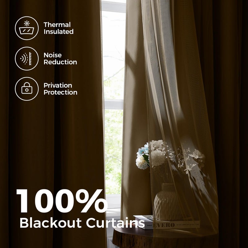 Swandream 100% Blackout Curtains for Bedroom, Double Layer Khaki Curtains, Black Out Curtain 84 inch Long with Sheer Overlay for Living Room, Room Darkening Window Drapes with Grommet, 52" W x 84" L - Image 3