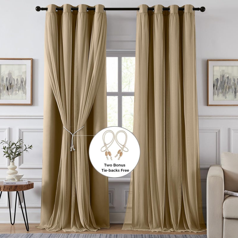 Swandream 100% Blackout Curtains for Bedroom, Double Layer Khaki Curtains, Black Out Curtain 84 inch Long with Sheer Overlay for Living Room, Room Darkening Window Drapes with Grommet, 52" W x 84" L - Image 2