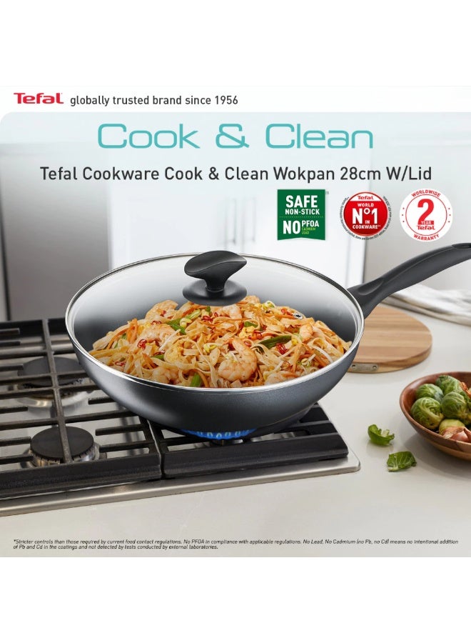 Tefal Cook & Clean Wokpan 28cm W/Lid (Non-stick Cookware, Titanium Non-stick coating, Thermo-signal, Diffusion) black - Image 2