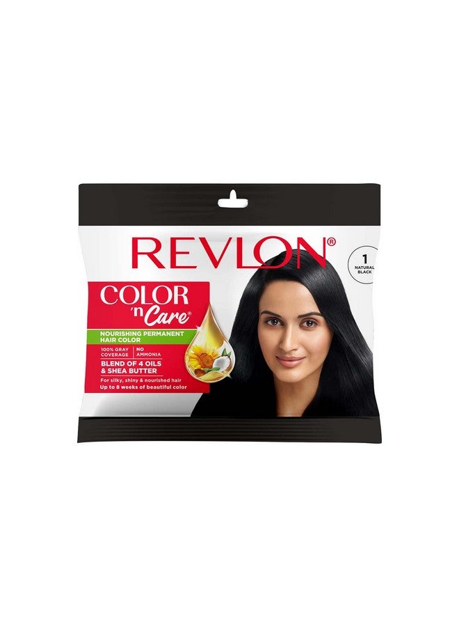 ريفلون صبغة الشعر الدائمة المغذية Color 'N Care - 1 أسود طبيعي - تحتوي على زيوت أساسية من جوز الهند والأرجان وعباد الشمس وزيت الجوجوبا، بالإضافة إلى زبدة الشيا - كيس - Image 1