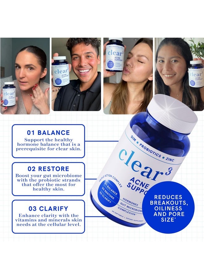 SMNutrition - Clear Skin Acne Supplement with Zinc, DIM & Probiotics | 3-in-1 Balance, Clarify, Restore Support with Hyaluronic Acid & Other Anti-Acne Vitamins | for Women & Men | Oral Hormonal Acne Pills | 60ct - Image 1