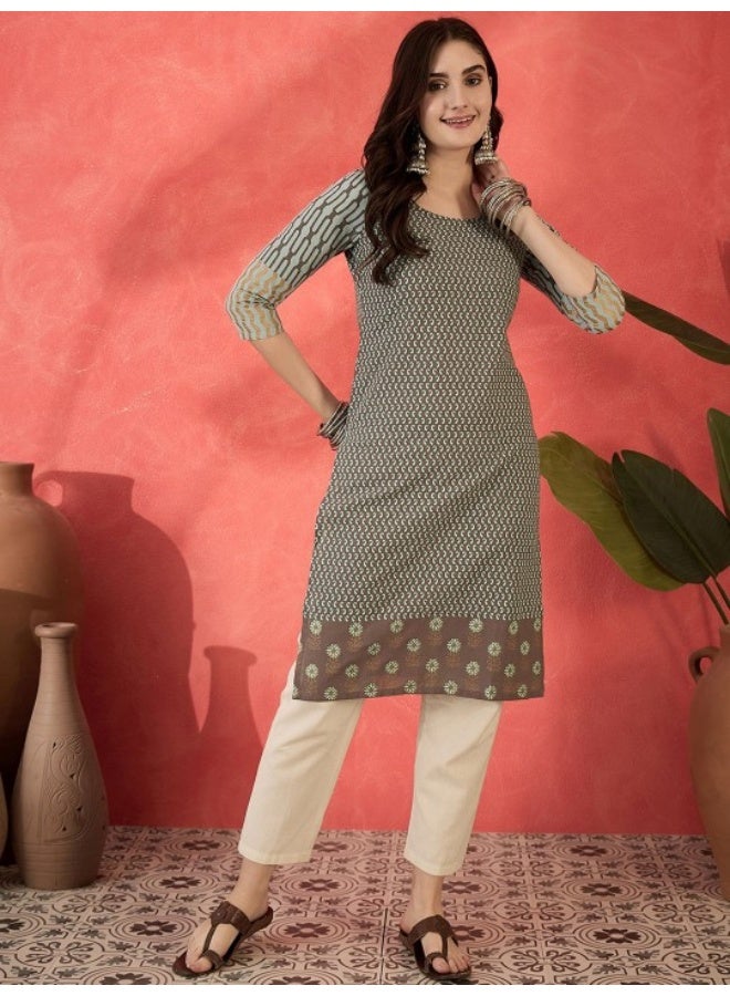 AKS Grey Printed Cotton Straight Kurta  - Image 3