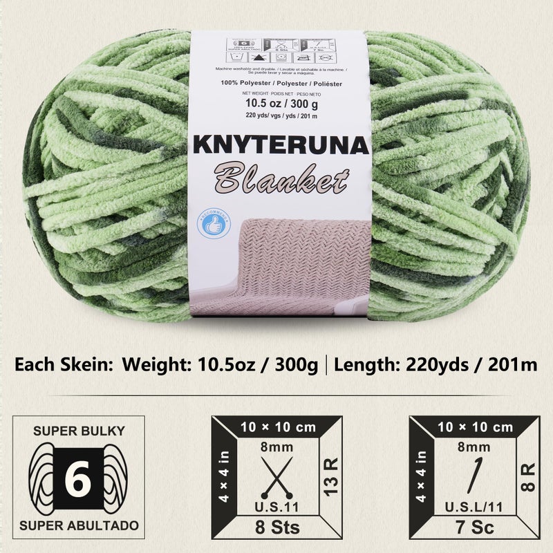 Knyteruna #6 Super Bulky Blanket Yarn for Crocheting - 4 Skeins(Each 10.5oz/300g, 220yds/201m), Chunky Chenille Thick Plush Big Soft Yarn for Crocheting Knitting Blankets, Multi Green - Image 2
