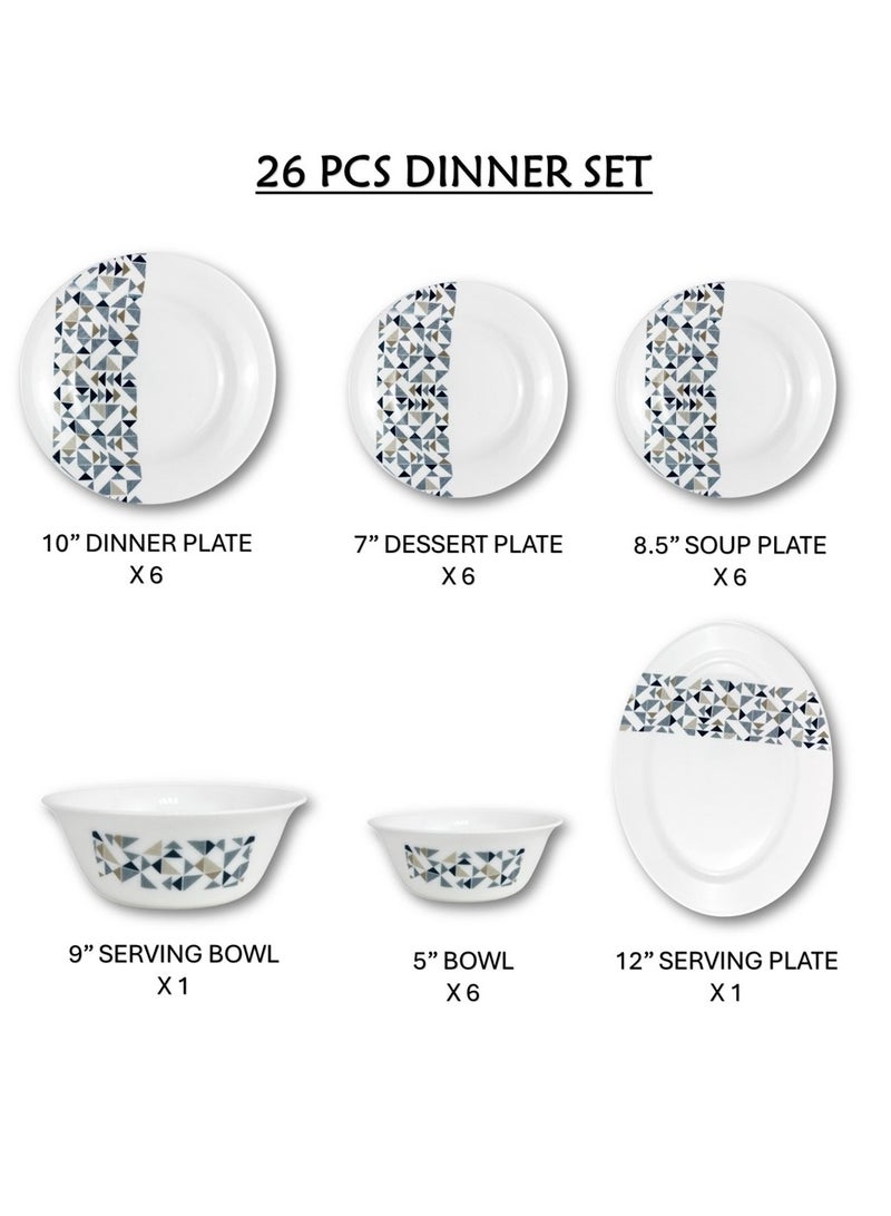 Melrich 26 Pcs Opal ware Dinner set Dinner plate, Dessert plate, Soup plate Bowl, Serving Bowl, Serving plate BPA Free Dishwasher & MIcrowave safe Durable and Stylish for everyday use - Image 2