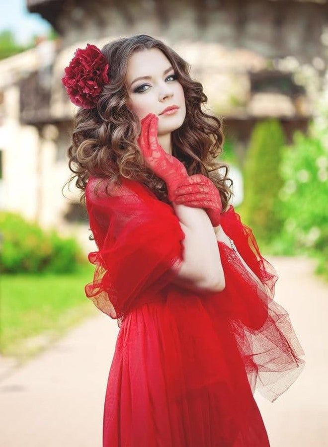 YANWENX Ladies Floral Lace Gloves Vintage Opera Gloves, Women Short Elegant Lace Gloves for Women Ladies and Girls Evening Wedding_Red - Image 2