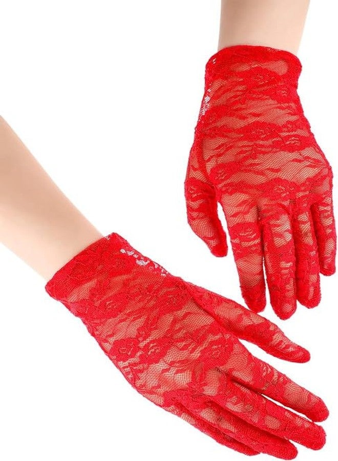 YANWENX Ladies Floral Lace Gloves Vintage Opera Gloves, Women Short Elegant Lace Gloves for Women Ladies and Girls Evening Wedding_Red - Image 1