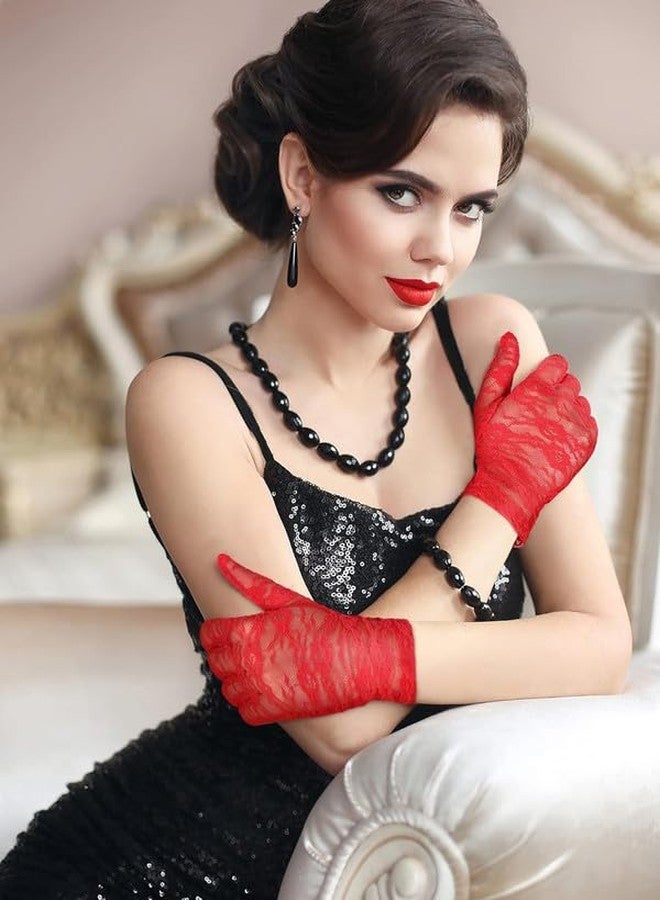YANWENX Ladies Floral Lace Gloves Vintage Opera Gloves, Women Short Elegant Lace Gloves for Women Ladies and Girls Evening Wedding_Red - Image 3