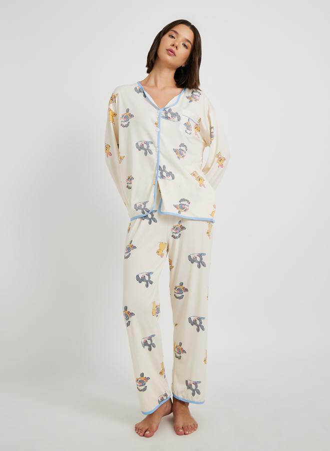 Take Two Rabbit Print Long Sleeve Shirt and Pyjama Set - Image 1