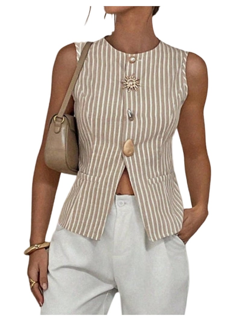 MakeMeChic Women's Striped Vest Top Metal Button Front Sleeveless Business Casual Tank Brown Medium - Image 1