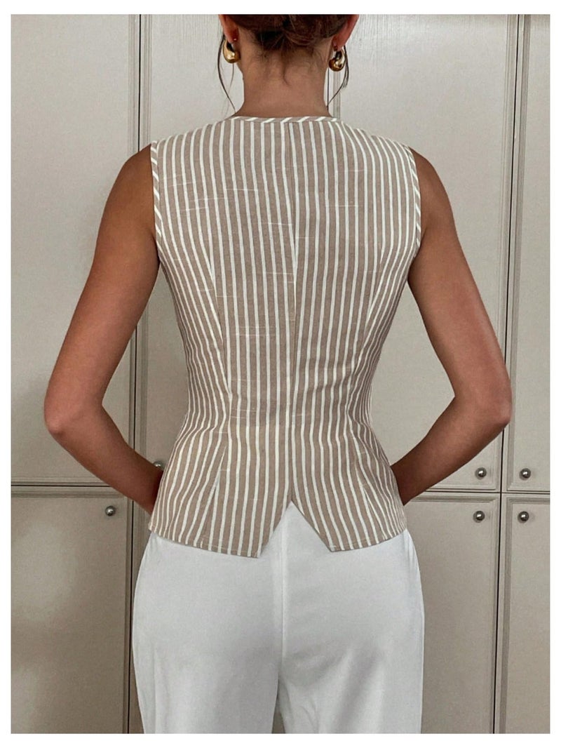 MakeMeChic Women's Striped Vest Top Metal Button Front Sleeveless Business Casual Tank Brown Medium - Image 2