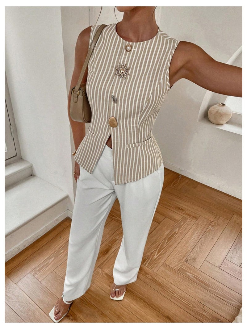 MakeMeChic Women's Striped Vest Top Metal Button Front Sleeveless Business Casual Tank Brown Medium - Image 4