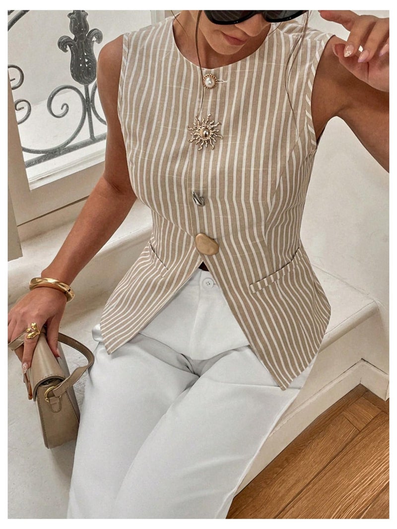 MakeMeChic Women's Striped Vest Top Metal Button Front Sleeveless Business Casual Tank Brown Medium - Image 5