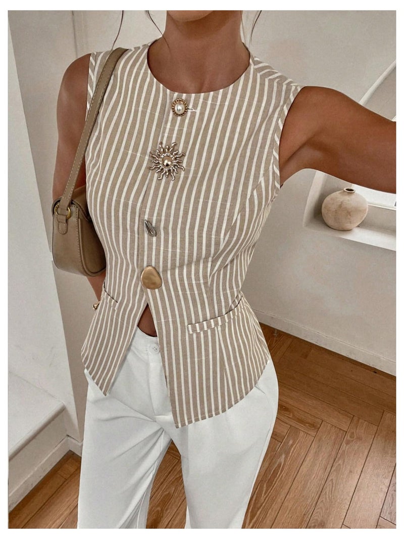 MakeMeChic Women's Striped Vest Top Metal Button Front Sleeveless Business Casual Tank Brown Medium - Image 3