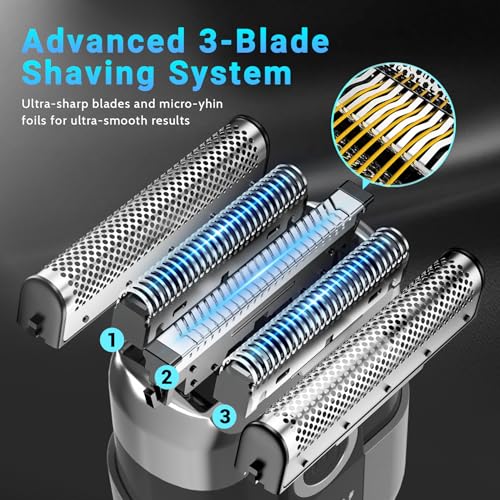 LYRSLF Electric Foil Shavers for Men: Mini Electric Razor, Foil Shaver for Face, IPX7 Waterproof Wet Dry Cordless Razor with 3 Floating Blades, LED Display, USB-C Fast Rechargeable for Travel & Home - Image 3