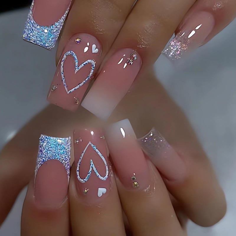 SINSEN Square Press On Nails - Medium Length French Tip, Heart Design, Glossy Pink Fake Nails with Adhesive Glue Stickers, Reusable Stick On Nails in 12 Sizes, 24 Pcs Medium French Nails - Image 3