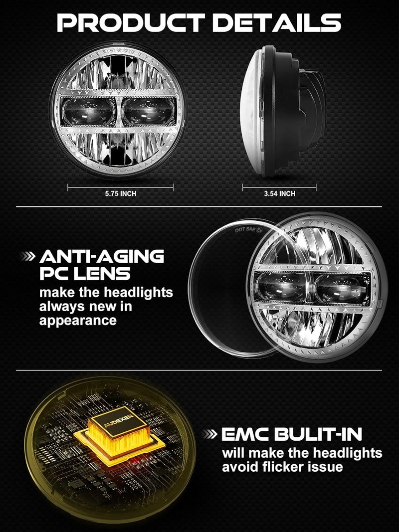 AUDEXEN 575 Inch Led Headlight 55W 534 Round Headlight Compatible with Harley Dyna Sportster Street Bob Softail Iron 883 Street Rod Deuce Custom Super Wide Glide Motorcycle Chrome - Image 5