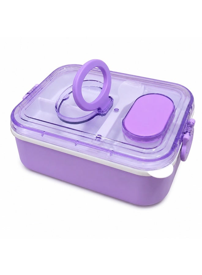 2-Tier Bento Lunch Box, 2000 mL, with Compartments, Spork, Sauce Cup and Carry Handle, BPA-Free PP5 - Mauve - Image 2