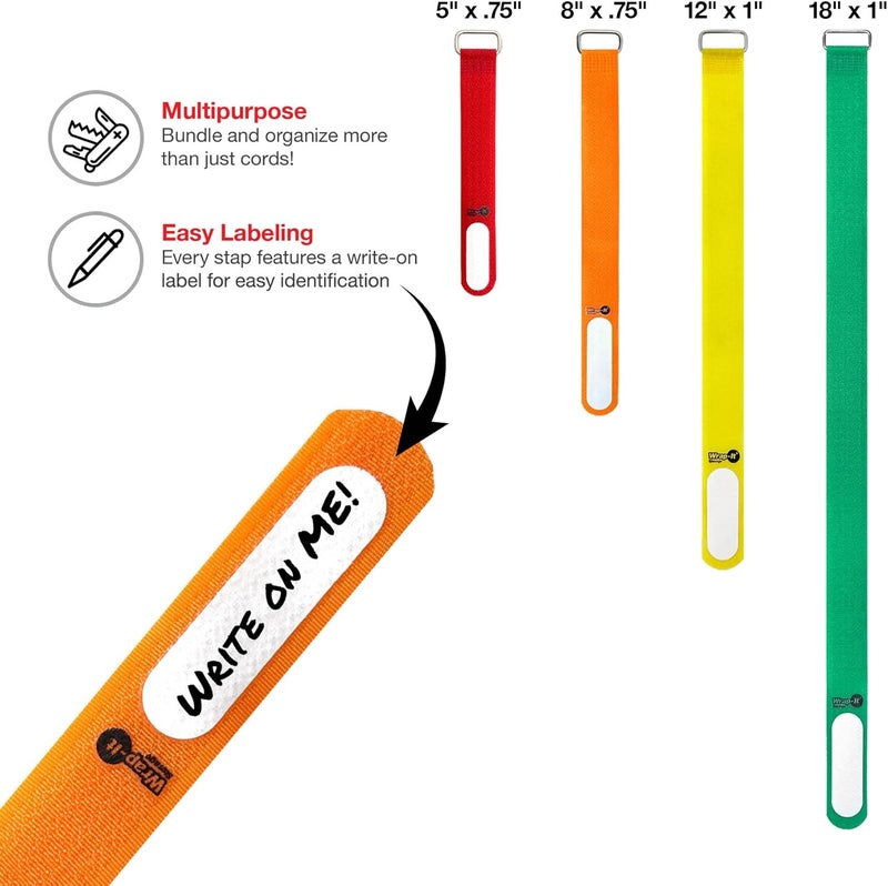 Wrap-It Storage Cinch-Straps (Assorted 16 Pack) Hook and Loop Straps with Metal Buckles and Write on Labels for Easy Cord Identification, Waterproof, Reusable, Multi-Purpose, Adjustable - Image 2