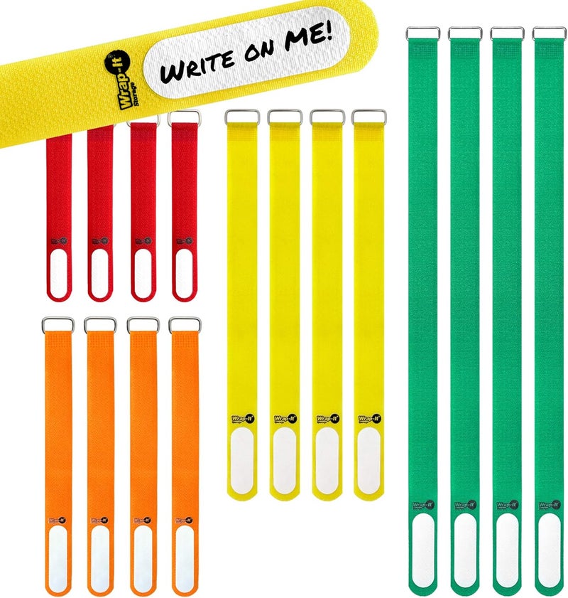 Wrap-It Storage Cinch-Straps (Assorted 16 Pack) Hook and Loop Straps with Metal Buckles and Write on Labels for Easy Cord Identification, Waterproof, Reusable, Multi-Purpose, Adjustable - Image 1