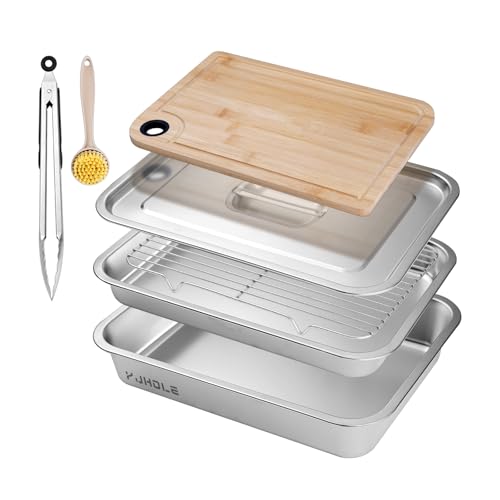 YJHOLE Grilling Prep and Serve Trays,Stainless Steel Large Capacity Food Prep Trays with Lid, Cutting Board Cooling Rack Food Tongs and Cleaning Brush,BBQ Accessories Gift - Image 1