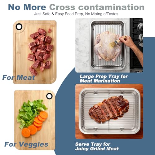 YJHOLE Grilling Prep and Serve Trays,Stainless Steel Large Capacity Food Prep Trays with Lid, Cutting Board Cooling Rack Food Tongs and Cleaning Brush,BBQ Accessories Gift - Image 4