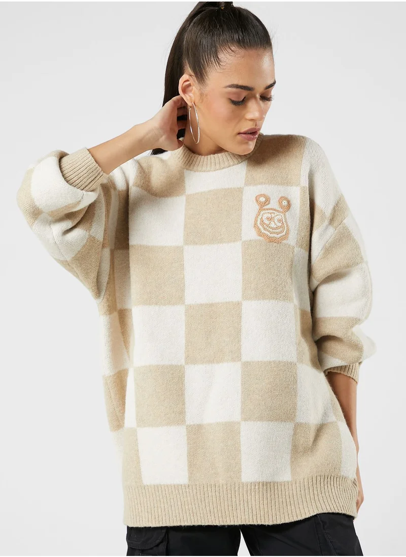 Mini Cream Checkered Knit Sweater