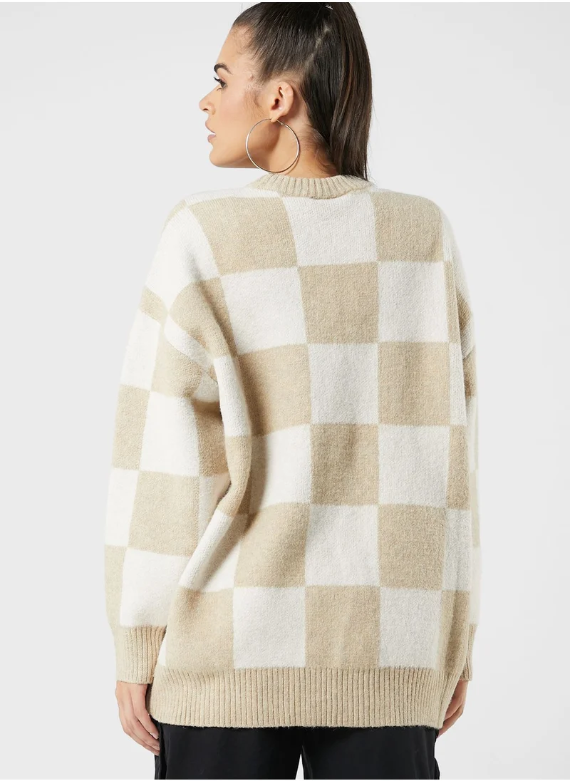 Mini Cream Checkered Knit Sweater