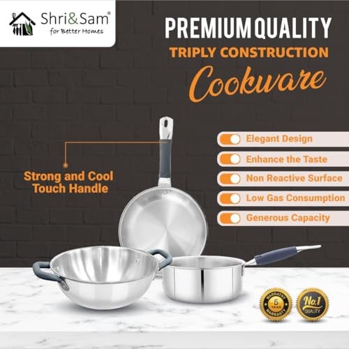 Shri & Sam Triply 3 Pcs Stainless Steel Cookware Set, Kadhai 24 cm, Sauce Pan 16 cm, Fry Pan 24 cm Works on Induction, Gas Ready - Image 2