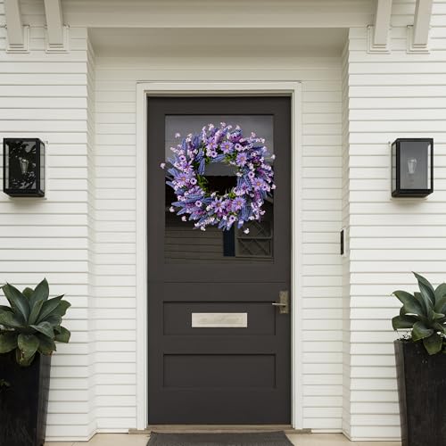 Sggvecsy Lavender Wreath for Front Door 22 Inch - Purple Daisy Spring Summer Artificial Wild Flower Greenery Leaves for All Seasons - Farmhouse Home Wall Indoor Outdoor Window Decor - Image 2