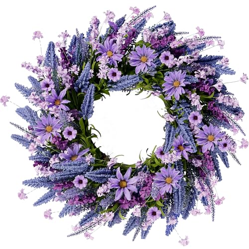 Sggvecsy Lavender Wreath for Front Door 22 Inch - Purple Daisy Spring Summer Artificial Wild Flower Greenery Leaves for All Seasons - Farmhouse Home Wall Indoor Outdoor Window Decor - Image 1